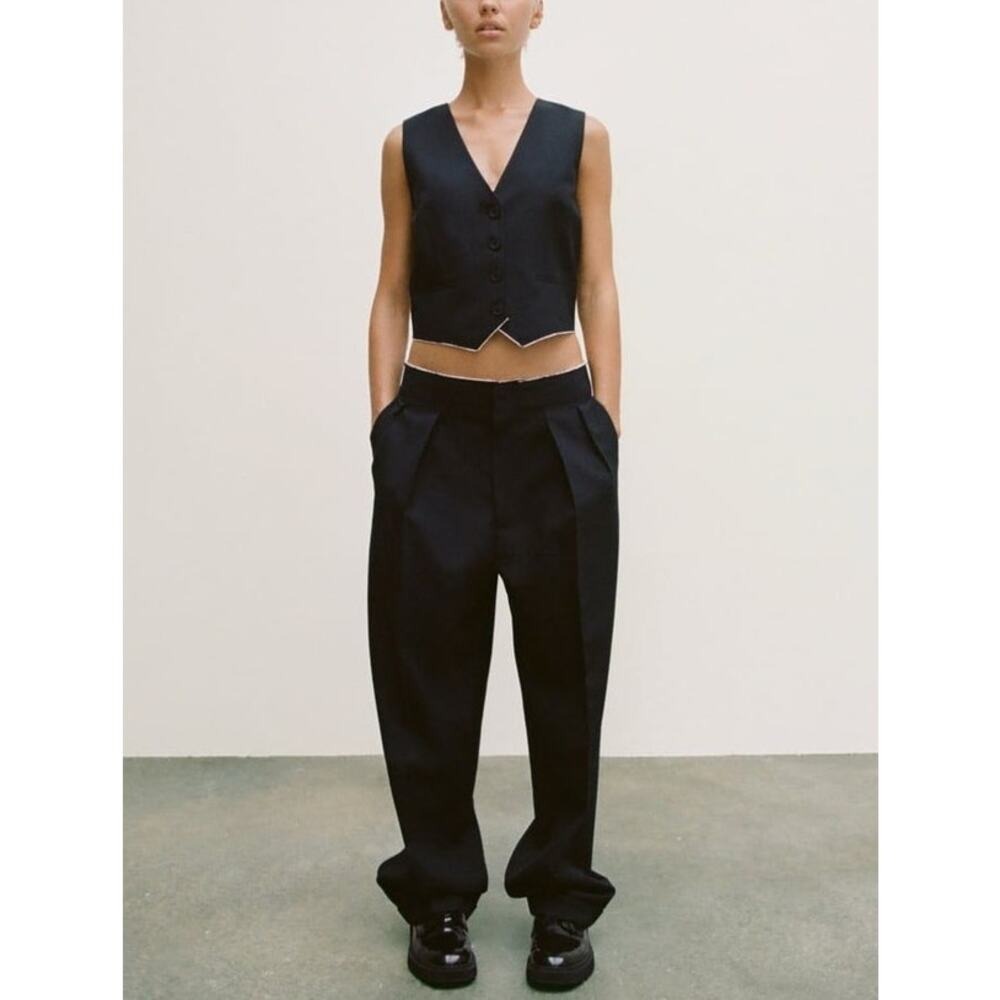 ZARA Tailored Vest Top Women Small Black Crop Waistcoat Wool Blend V-Neck NEW